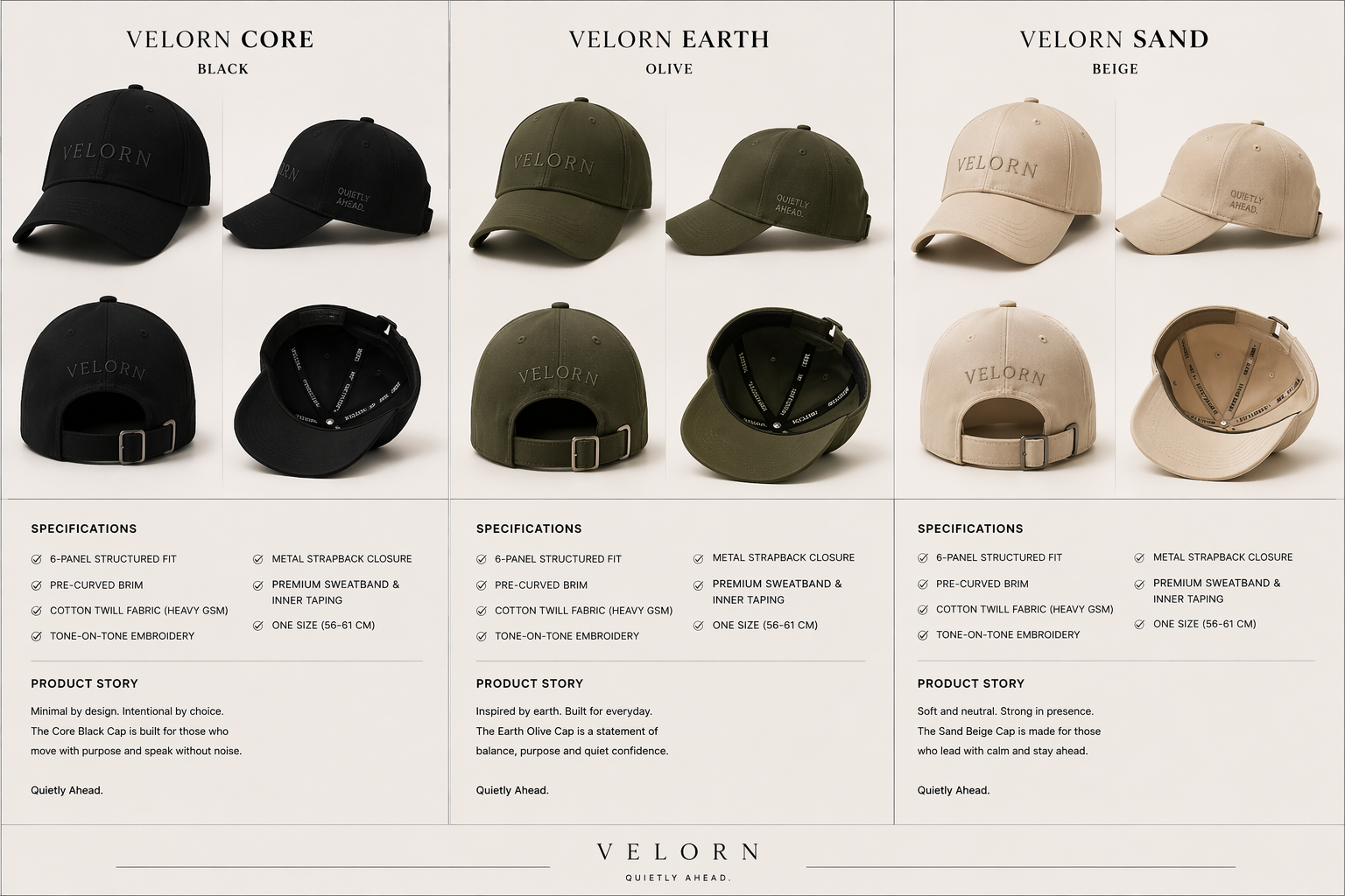 VELORN First Drop - Core Black, Earth Olive, Sand Beige Caps